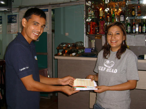 Mrs. Puja Shrestha presenting the Air ticket to Lucky winner Mr. Dipendra Rajbhandari Mrs. Puja Shrestha presenting the Air ticket to Lucky winner Mr. Dipendra Rajbhandari